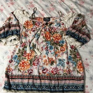 Angie Orange and Pink Ruffled‎ Tie Front Blouse